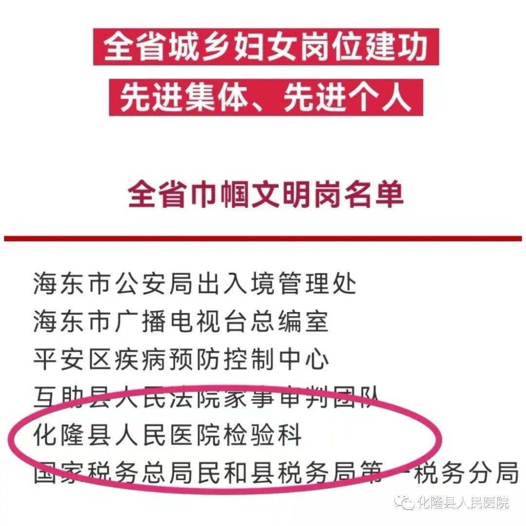 化隆县人民医院检验科荣获“青海省巾帼文明岗”荣誉称号