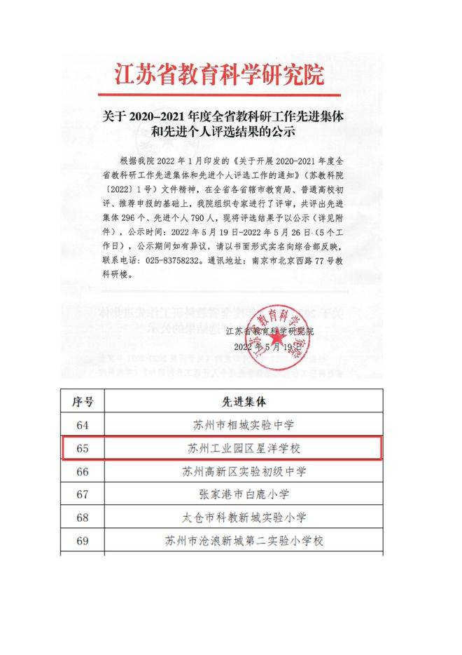 星洋学校荣获“江苏省教科研工作先进集体”称号(图1)