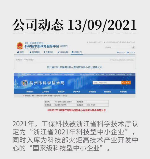 工保科技荣获2021国家级和浙江省级科技型中小企业荣誉(图1)